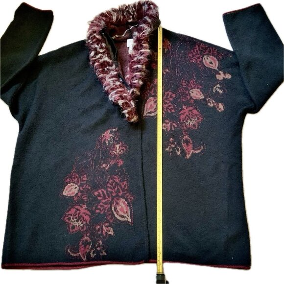 CHICO'S Sequin Beaded Cardigan Sweater Sz 3 (XL) Black/Red 3/4 Sleeve Faux Fur - Picture 6 of 16